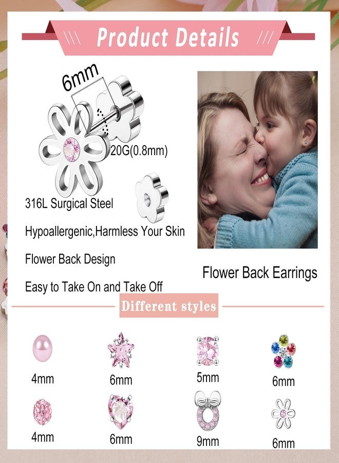 Staligue 8 Pairs Flower Back Earrings for Women Men Hypoallergenic Surgical Steel Earrings Pearl Flower Star Heart 20G Flat Back Cartilage Earrings Set (Pinky) - Image 2